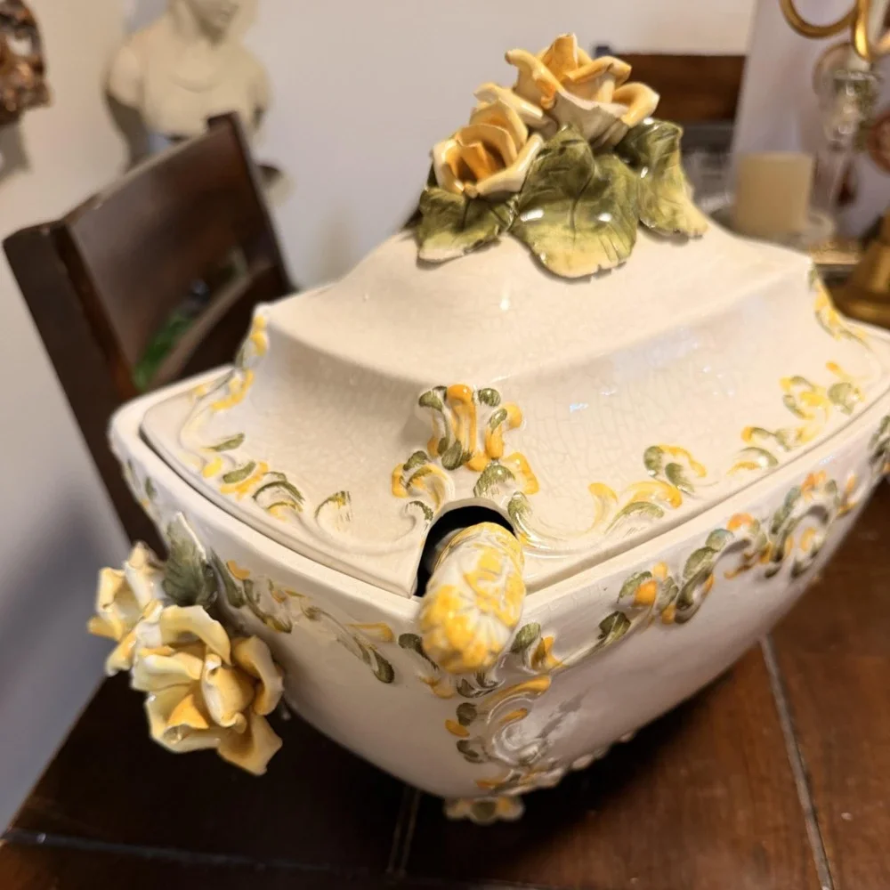 Ornate Ceramic Floral Soup Tureen Bowl With Lid Ladle Yellow Rose Rococo 10x13